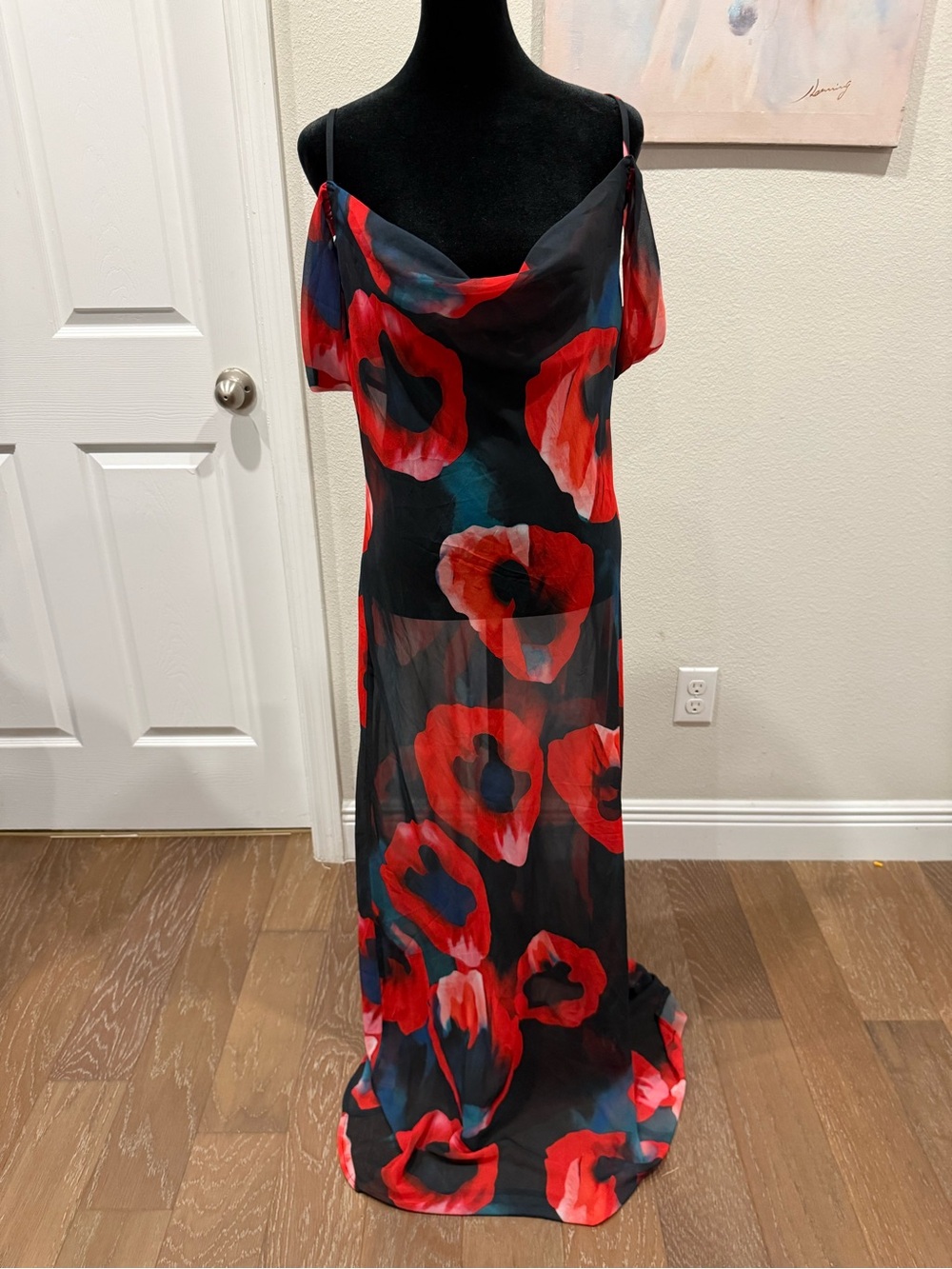 Commense Black Maxi Dress with Red Floral Print